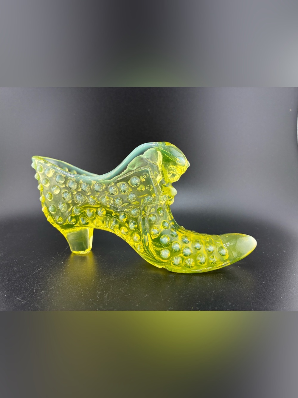 Fenton Yellow uranium Hobnail Glass Shoe Figurine "I GLOW"